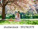 Beautiful young woman having picnic on sunny spring day in park during cherry blossom season, reading a book