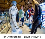 Small photo of MOSCOW, RUSSIA - OCTOBER 16, 2019: Participants of the SolidWorks Summit Russia conference communicate with a robot KIKI designed by SolidWorks CAD system in Moscow, Russia on October 16, 2019.