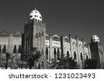 Small photo of Former Bullring La Monumental building exterior in modernist Eixample district of Barcelona, Catalonia, Spain. Noways it serving as scene of musical events and circus spectacles. Black and white photo