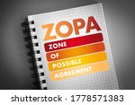 Small photo of ZOPA Zone Of Possible Agreement - bargaining range in an area where two or more negotiating parties may find common ground, acronym text on notepad