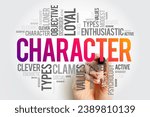 CHARACTER - the mental and moral qualities distinctive to an individual, word cloud concept background