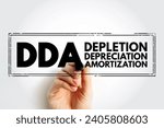 Small photo of DDA Depletion Depreciation Amortization - accounting technique that a company uses to match the cost of an asset to the revenue generated by the asset, acronym text stamp