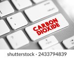 Small photo of Carbon Dioxide is a chemical compound made up of molecules that each have one carbon atom covalently double bonded to two oxygen atoms, text concept button on keyboard