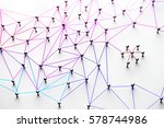 Linking entities. Networking, social media, SNS, internet communication abstract. Small network connected to a larger network. Web of light to dark blue, red, purple, gold wires on white background. 