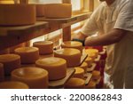 A farmer turns over cheese heads on wooden shelves in the cheese maturation storage. The concept of production of European cheeses and dairy products