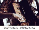 Small photo of Woman playing the accordion. Close up.