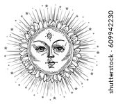 hand drawn sun with face and... | Shutterstock .eps vector #609942230