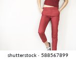 Woman in red pants and shirt
