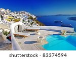 romantic holidays - luxury Santorini resorts. Gorgeous view from swimming pool. Greece travel
