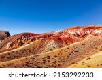 Small photo of Multicolored mountains in the Altai Republic, reminiscent of the Martian landscape. Russia