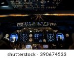 Final approach at night - landing of a jet airliner, view from the cockpit