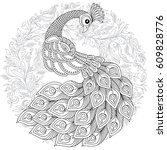 peacock in zentangle style.... | Shutterstock .eps vector #609828776
