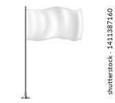 White horizontal flag on flagpole flying in the wind, isolated on white background.