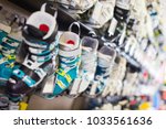 Image of boots for skiing selling in sport shop