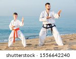 Small photo of Man and boy doing karate poses at sunset sea shore