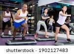 Small photo of Group of sporty people working out with steppers in fitness center