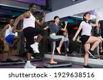 Small photo of Concentrated athletic young adult people working out with aerobic steppers in gym