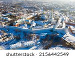 Aerial panoramic view of Holy Trinity St. Sergius Lavra in Sergiev Posad on sunny winter day, Russia.