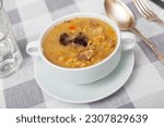 Small photo of Appetizing pork and mushroom soup with vegetables and pearl barley served in tureen. Comfort food .