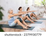 Elderly woman doing pilates with soft ball in group in fitness studio