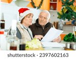 Small photo of Chagrined mature couple working with papers at home before Christmas