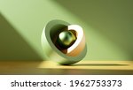3d abstract minimal modern background, metallic core ball hidden inside yellow green hemisphere shell isolated objects, stack of bowls simple clean design