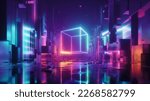 3d render, abstract red blue neon background. Glowing linear volumetric cube in the middle of the city street, under the starry night sky. Digital futuristic wallpaper