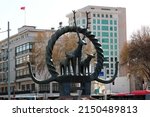 Small photo of Ankara, Turkey - April 18, 2022: The Hittite Sun Course Monument in Sihhiye Square, a replica of an ancient Hatti monument unearthed in excavations at Alacahoyuk.