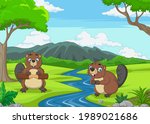Two Cute Cartoon Beavers In The ...
