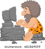 Cartoon Caveman Using A Stone...