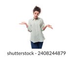 Small photo of portrait of a charming sympathetic caucasian woman with black curly hair in a light shirt on a white background