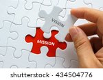 Hand holding piece of jigsaw puzzle with word VISION MISSION.