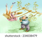 Small photo of a guy with too much vehemence pushes his girlfriend in the swing, the girl screaming loudly and lose a shoe humorous illustration relationship funny situation