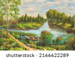 The picture is painted in oil. Nature landscape. Colorful picture with river and boat.