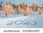 2023 written in the snow, winter landscape greeting card