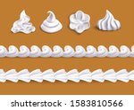 Whipped cream swirl shape topping and horizontal border line shape set isolated on brown background, white realistic dessert icing vector illustration