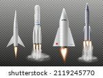 Spaceships and rockets, space shuttle templates set, realistic vector illustration isolated on transparent background. Transport for space and universe exploration.