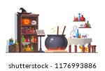 Witch room with boiling poison potion cauldron, cupboard, potion flasks, cats, magic book on stand, retort, table. Magician interior with magic accessories. Halloween clipart. Flat vector illustration