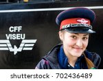 Small photo of VISEU DE SUS - MAY 7: Conductress of wood-burning steam train on May 7, 2016 in Viseu de Sus, Romania. Forestry railway was used for transporting timber, now transport tourists.