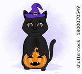  cute cat and pumpkin hand... | Shutterstock .eps vector #1800070549
