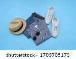 Men's fashion clothing and accessories on blue background ,flat lay
