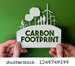 Carbon footprint - green environmental paper background with wind turbines, trees and people