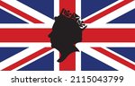Side profile silhouette of Queen Elizabeth wearing a crown with union jack flag