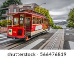Famous Cable Car of San Francisco, standing at amazing viewpoint on Alcatraz National Park, California USA