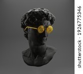 Small photo of Creative. Plaster statue of David's head in bitcoinglasses. Minimal concept art. 3d render.