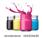 bottles of ink in cmyk colors, magenta with splash