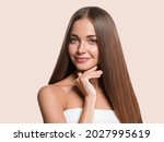Beautiful long smooth hair woman happy clean skin face color background
