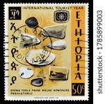 Small photo of ETHIOPIA - CIRCA 1967 : Postage stamp printed by Ethiopia, that shows prehistoric stone tools from Melke kontoure, circa 1967.