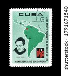 Small photo of Cuba - circa 1967 : Cancelled postage stamp printed by Cuba, that shows Map of South America and portrait of Camilo Torres, circa 1967.