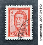 Small photo of ARGENTINA - CIRCA 1959 : Cancelled postage stamp printed by Argentina, that shows portrait of Jose de San Martin, circa 1959.